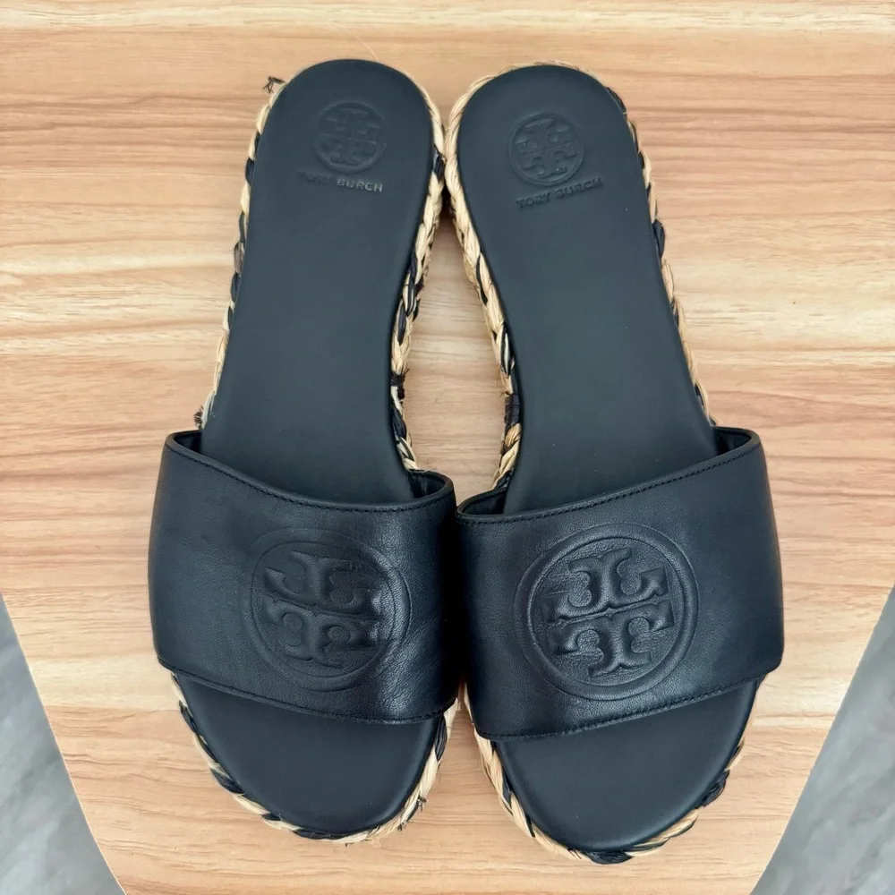 Tory Burch Black Leather Logo Espadrilles Open Toe Sandals Size 7.5